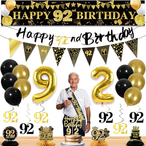 Image of 92nd Birthday Decorations for Men, Black Gold 92nd Party Decorations | 27pcs Happy 92nd Birthdays Set: Banner, Honeycomb, Balloons, Gold Number, Candle, Hanging Swirls, Cake Topper, Party Supplies