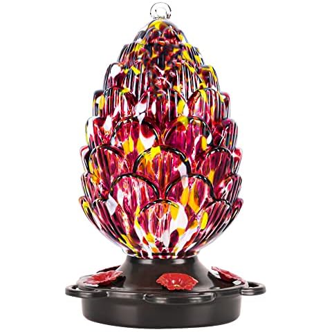LUJII Pine Cone Shaped Hand Blown Glass Hummingbird Feeder for Outdoors Hanging, Rust Proof & Leak Proof, 25 fl.oz, Unique Gift for Bird Lover, Garden & Backyard Decor, Purple Cover