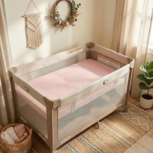 Image of Muslin Pack and Play Sheet, 100% Cotton Playard Sheet (39 inchx27 inch), Breathable & Soft Mattress Pad Cover, Boho Pink for Girls(1 Pack)