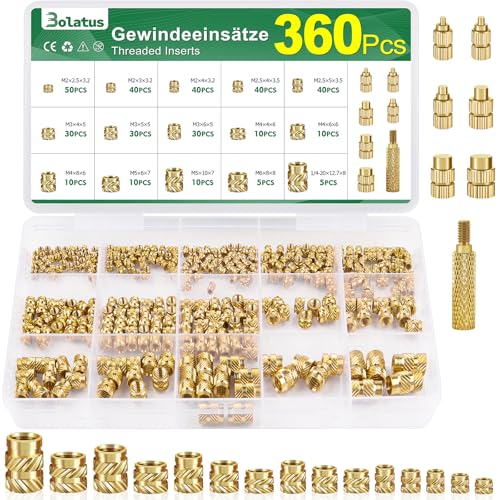 360 Stk Gewindeeinsatz M2 M2.5 M3 M4 M5 M6, Bolatus Einschmelzmuttern Messing mit Lötkolben Einschmelzhilfe, Gerändelt Einschmelzgewinde für Kunststoffteile, Gewindeeinsätze für 3D-Drucker Teile