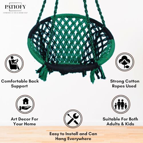 Image of Patiofy Cotton Round Swing Chair for Adults and Kids /Swing for Home, Balcony /Jhula for Adults /Jhoola for Living Room /Suitable for Indoor & Outdoor /with Hanging Kit (Green-Black)