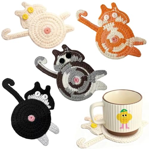 iYZZGH Drink Coaster Woven Creative Coasters for Cat Lovers Gag Gifts Cat Coffee Coaster for Desk Accessories Home Decor Tabletop Protection(Cat-4PCS)