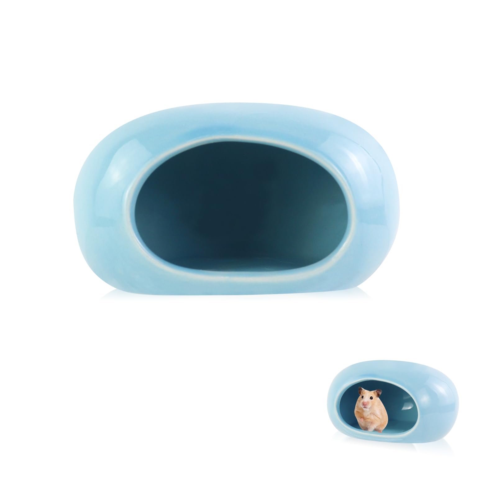 LuckyOpt Ceramic Hamster Hideout, Cooling Hamster House All-Season Small Animal Cave, Easy to Clean Hamster Habitats Cave for Dwarf Hamsters, Gerbils, Mice (Blue)
