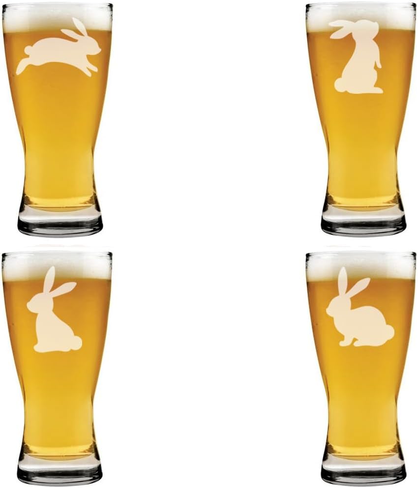 MIP 15 oz Beer Pilsner Glass Gift Set of 4 Bunny Rabbit Collection