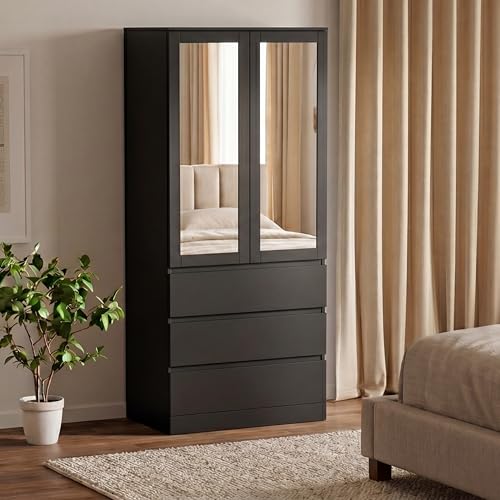 Vida Designs Denver 2 Door 3 Drawer Mirrored Wardrobe | Black | 175H x 77W x 54D cm | Modern Bedroom Furniture | With Spacious Drawers & Hanging Rail | Large Capacity Storage
