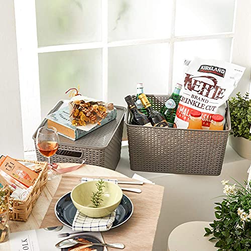 Ezoware Set Of 3 Lidded Storage Bins, Large Plastic Stackable Weaving Wicker Baskets Boxes Containers With Lids And Handle,14.2 X 11.4 X 8.9Inch #TOP1