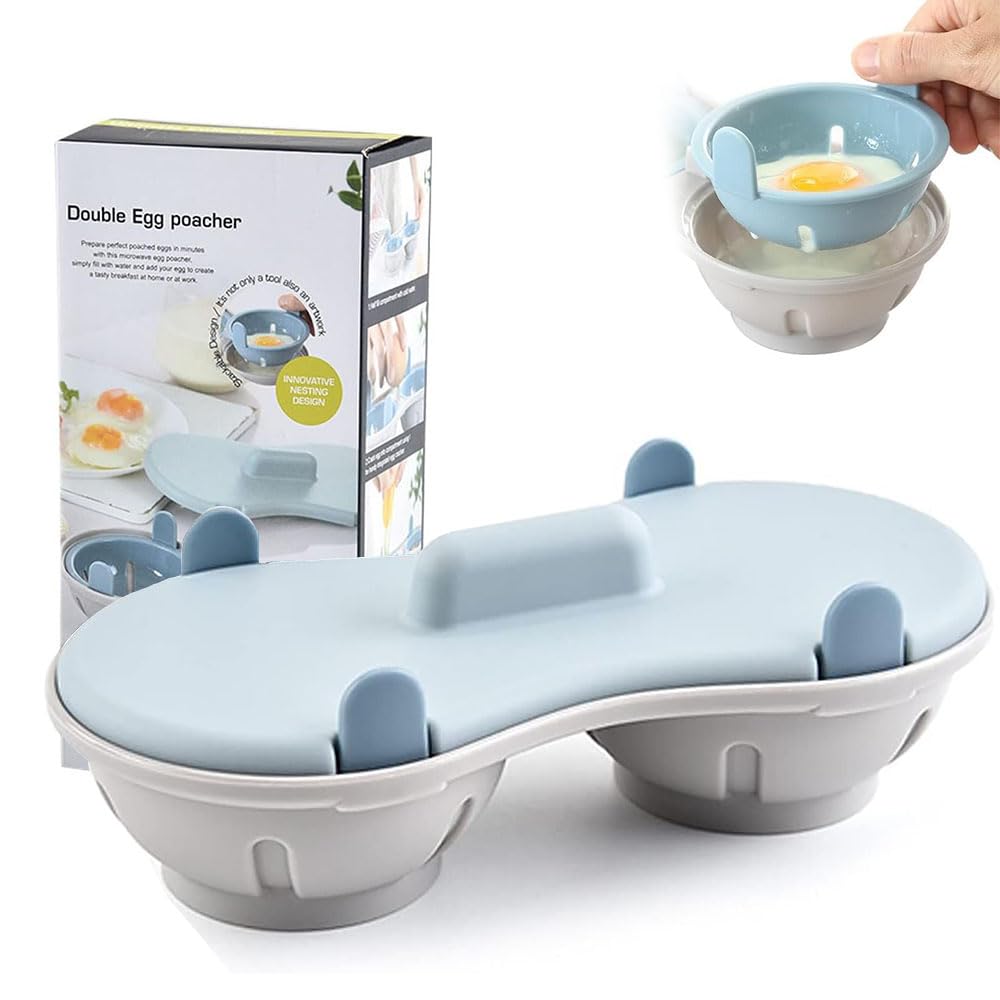 Microwave Egg Poacher - 2 Cavity Silicone Egg Cooker, BPA-Free & Dishwasher Safe, Quick Poached Egg Maker for Breakfast, Kitchen Cooking Gadget (Light Blue)