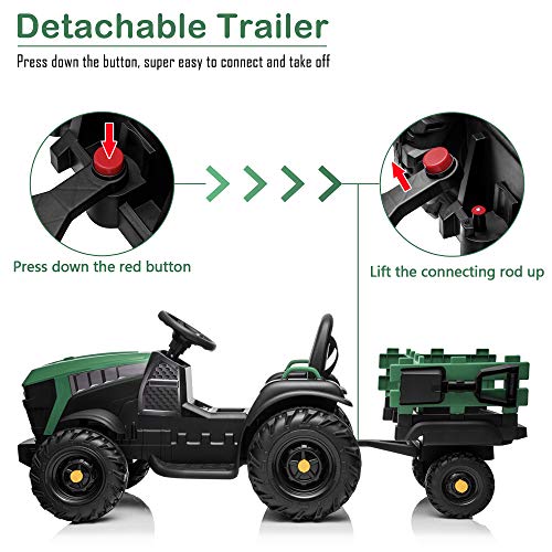 VALUE BOX Extra Larger 12V Ride on Tractor with Trailer, Battery Powered Electric Agricultural Vehicle Toy Car Ground Loader w/ 2 Speeds, Detachable Wagon, Shovel, LED Lights, MP3 player, Radio, Green