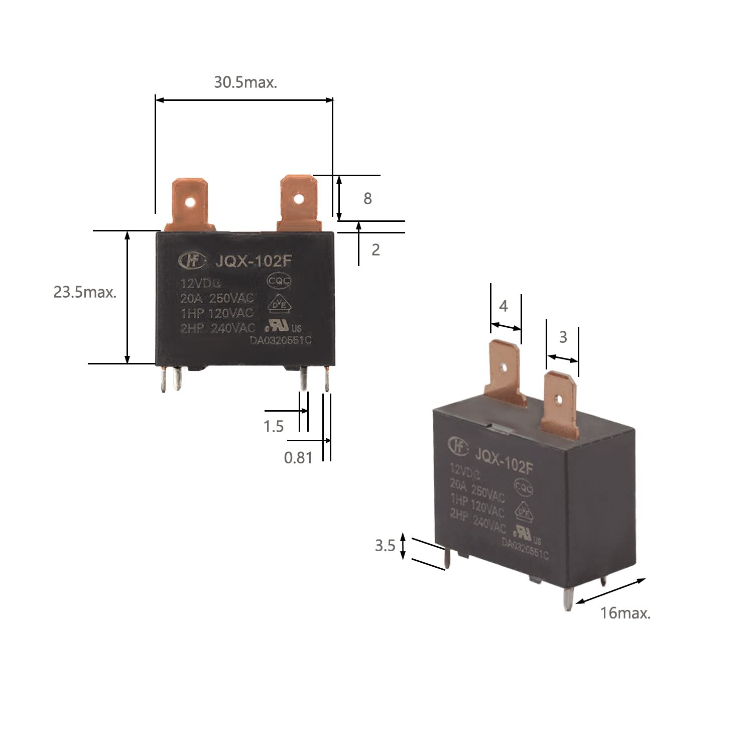 obqo JQX-102F-12VDC 20A 4PINS-Relé (2 unidades)