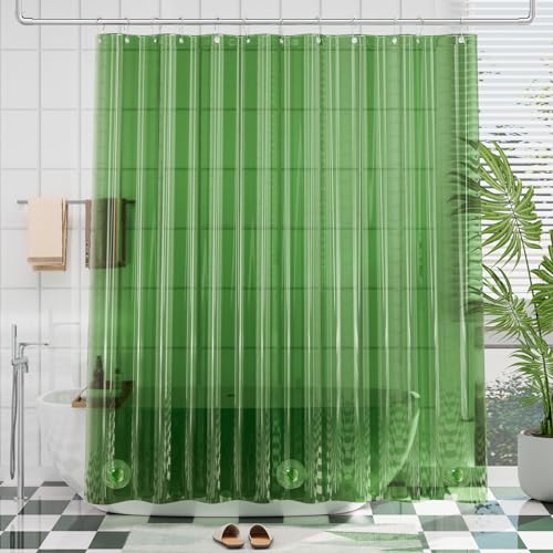 Image of AmazerBath Premium EVA Shower Curtain Clear Pine Green, Luxury Shower Curtain Dark Green Ultra Soft, Waterproof Bathroom Curtain with 3 Weighted Stones and 12 Grommets, Recyclable Packaging