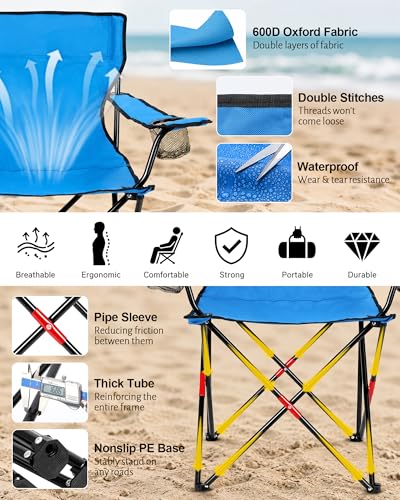 Image of HaSteeL 2PCS Camping Chairs with Detachable Umbrella, Folding Beach Chair for Adults, Large Portable Foldable Chair for Outdoors Fishing Hiking Travel Picnic Lawn, Supports 275lbs, Storage Bags, Blue