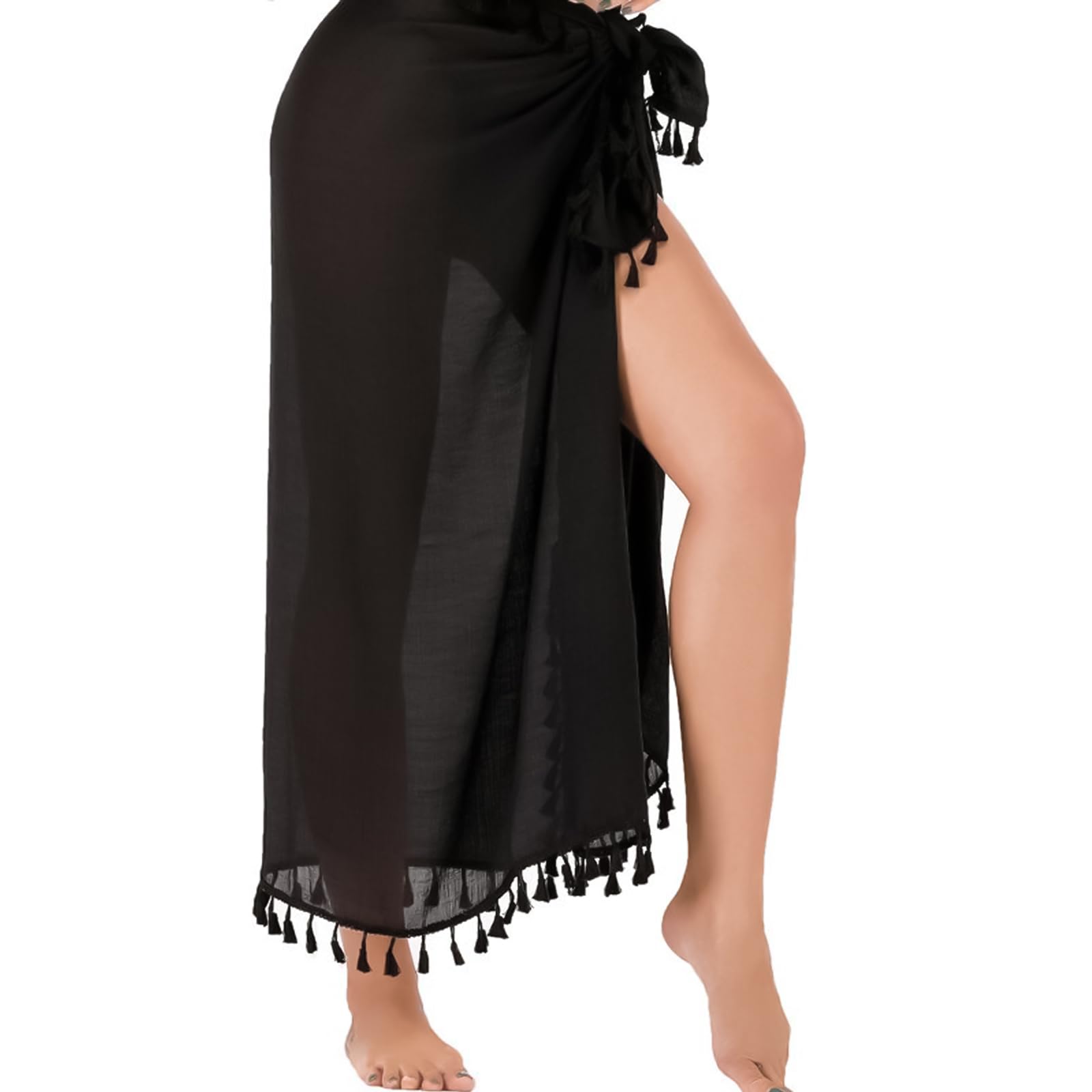 heavenlife Pareo Playa Mujer Negro Blanco, Trajes de Baño Cover Up Sarong de Gasa con Borlas, Larga Funda de Bikini Cubierta Vestido Envolvente, Bañador Sarongs para Mujeres Niñas Vacaciones Verano