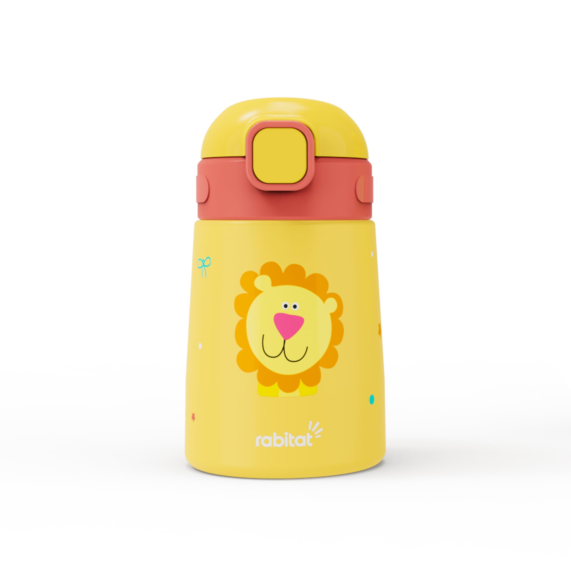 rabitat Milo Stainless Steel Water Bottle 350ml | 2 Year Brand Warranty | BPA Free | Leakproof Steel Sipper Bottle for Kids | Flip Lock Lid with Straw | Easy Carry Handle | Sunny Roar
