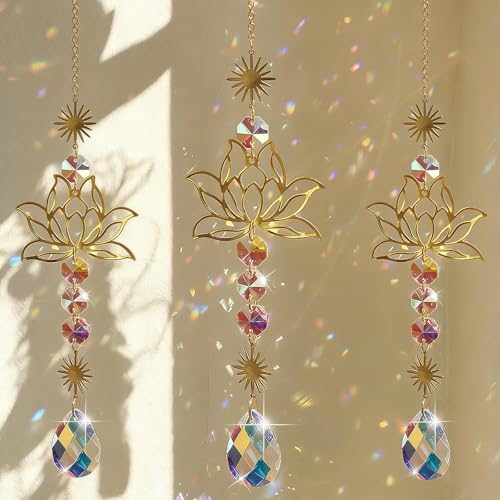 Acchiappasole in Cristallo,3 Pezzi Crystal Suncatcher,Appendere Vetro Acchiappa Sole,Fiore di Loto,Pendenti Prismi Cristallo,Pendenti Suncatcher Decorazione,per Giardino,Casa,Interno ed Esterno
