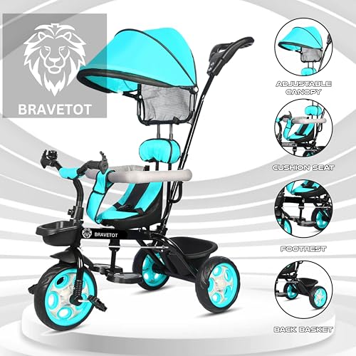 Image of Kids Tricycle for 1-5 Years | Baby Toddler Ride-On Trike with Parent Push Handle, Canopy & Safety Belt | Adjustable Seat, EVA Wheels, Storage Basket | Indoor Outdoor Toy for Boys & Girls