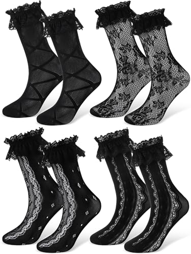 Image of Geyoga 4 Pcs Womens Lace Ankle Socks Ruffle Frilly Socks Mesh Lace Trim Socks Lolita Socks Ankle High Socks for Women(Black)