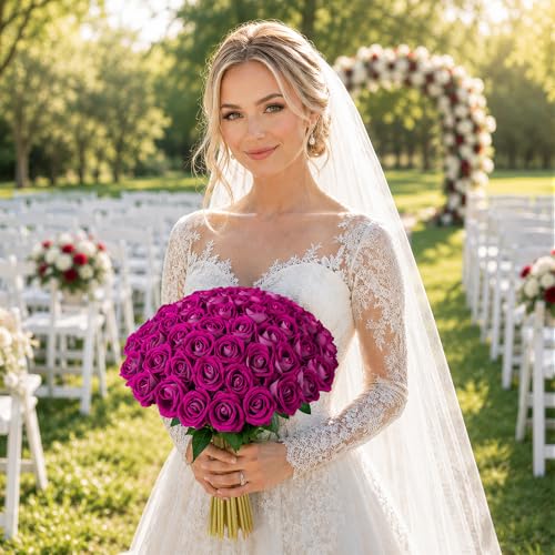 Image of INSPRING 50 PCS Magenta Roses Artificial Flowers with Long Stems | Real Looking, Fake Roses, Silk Flowers, DIY Bouquet, Wedding Party Celebration Home Bridal Decoration Gift, for Her Wife