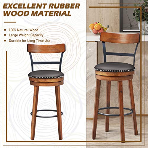 Costway Bar Stools Set Of 2, 360-Degree Swivel Stools With Leather Padded Seat, Single Slat Ladder Back & Solid Rubber Wood Legs, Bar Height Stools For Pub, Restaurant, Kitchen, Brown (2, 30.5) #TOP5