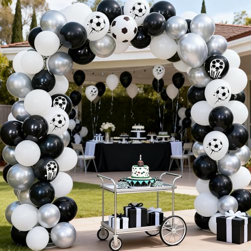 Image of Soccer Balloons, 50 Pcs Black White for Boys Sports Birthday Baby Shower | 12 Inch Black White Silver Soccer Print Latex Balloons for Soccer Football Baby Shower Game Day Sport Club Party Decorations