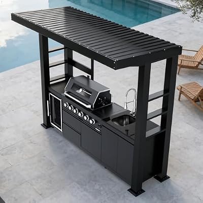 110" Outdoor Kitchen Island Grill with Gazebo, 4-Burner 72000 BTU Stainless Steel Propane BBQ, Rotisserie, Refrigerator, Sink, Granite Countertops, Storage Cabinets for Backyard Patio, Black