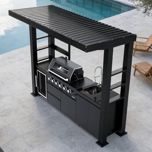 110" Outdoor Kitchen Island Grill with Gazebo, 4-Burner 72000 BTU