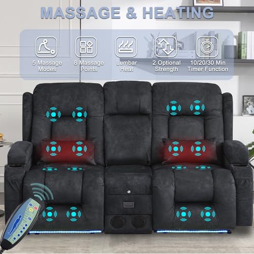 Image of URRED Power Loveseat Recliner Sofa with Massage and Heat, Wall Hugger Reclining Loveseat with Console, RV Couch Home Theater Seating with LED Lights for Living Room (Dark Grey, 67 inch - 2 Seats)