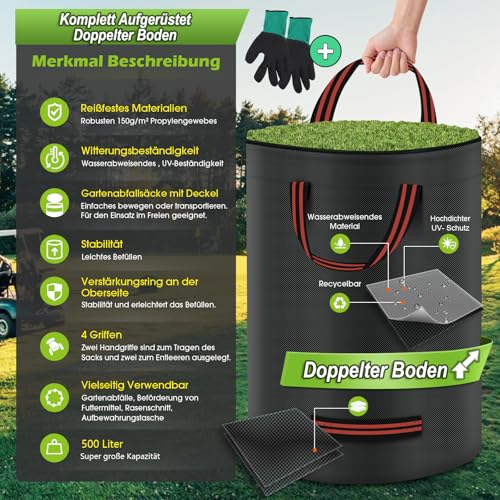 Miaglury 2X 500L Gartenabfallsack Stabil mit Deckel DOPPELTER BODEN inkl. Handschuh - Gartensack Laubsack Groß & Reißfest & Wasserdicht für Gartenabfälle und Kommunen Gras Laub Hecke Schwarz