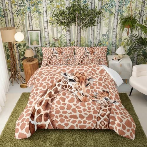 Image of QOOMO Cartoon Giraffe Comforter for Girls Boys Watercolor Duvet Set Yellow Animal Bedding Set Twin Size with 2 Pillow Shams Lightweight Microfiber for All Seasons