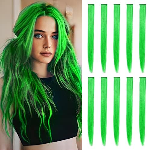 TOFAFA 22 inch Colored Hair Extensions Straight Hairpiece, Multi-colors Party Highlights Clip in Synthetic Hair Extensions (10 PCS Green)