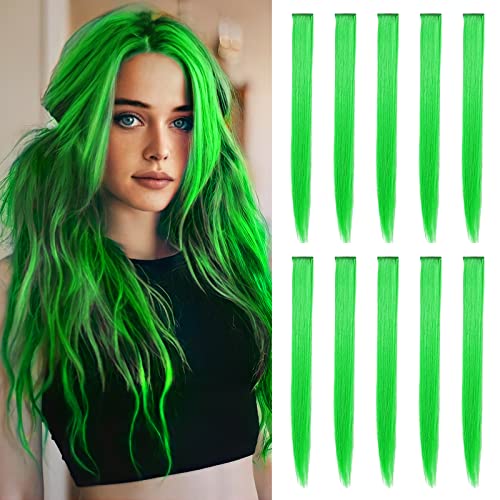 Tofafa 22 Inch Colored Hair Extensions Straight Hairpiece, Multi-Colors Party Highlights Clip In Synthetic Hair Extensions (10 Pcs Green) #TOP7