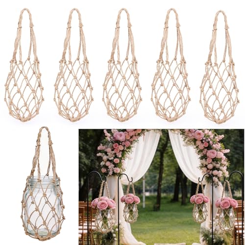 8 Pack Mason Jar Hanging Net for Wedding Aisle Decor, Rustic Handwoven Rope Mesh Hanger Wedding Accessory for Hanging Regular Mouth Mason Jars, Ball Pint Jar and Canning Jars (Not Included Jar)