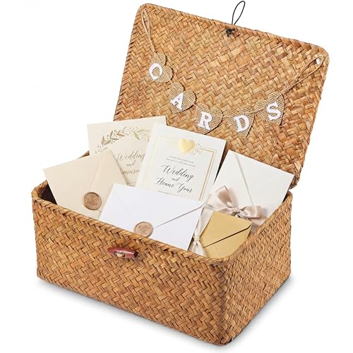 Image of Geelin Sea Grass Wedding Card Basket With Letter Flag Decorative Wedding Card Woven Post Box Suitable For Baby Showers Birthdays Graduation Ceremonies Bridal Showers (11 Inch,Natural Color)