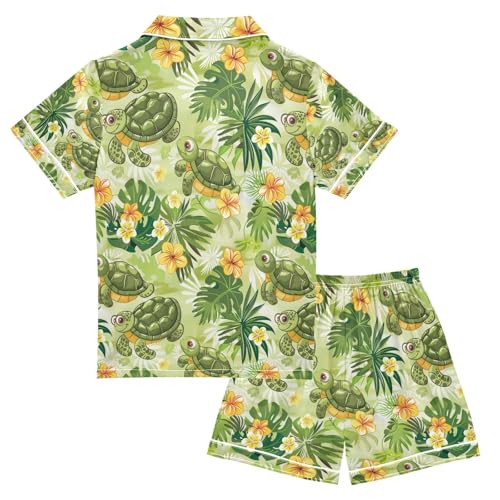 senya Tropical Leaves Turtles Satin Summer Pajama Sets Silk Short Sleeve Button Down Sleepwear2