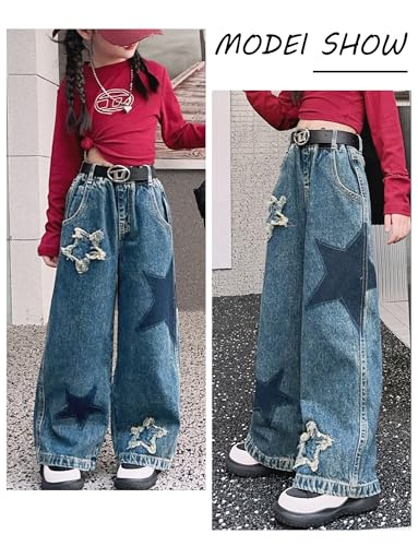 SEAUR Girls Jeans Elastic Waist Baggy Denim Pants Pentagram Washed Cargo Wide Leg Trousers Jeans4