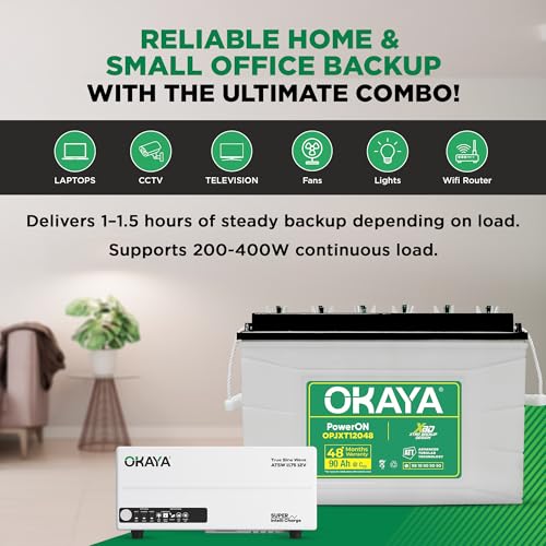 Image of Okaya Inverter with Battery Combo for Home,Office & Shops | ATSW 1175 12V Pure Sine Wave Inverter 925VA with 36 Months Warranty & OPXT12048 90AH Super Jumbo Tubular Battery with 48 Months Warranty