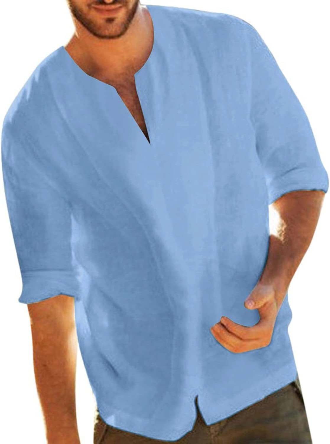 Jacansi Mens Loose Cotton Tunic Casual Beach Long Sleeve V Neck Henley Tops