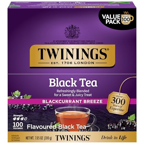 Twinings Blackcurrant Breeze Black Tea Individually Wrapped Bags, 100 Count (Pack of 1), Sweet, Tangy Taste, Caffeinated, Enjoy Hot or Iced, 100 Teabags