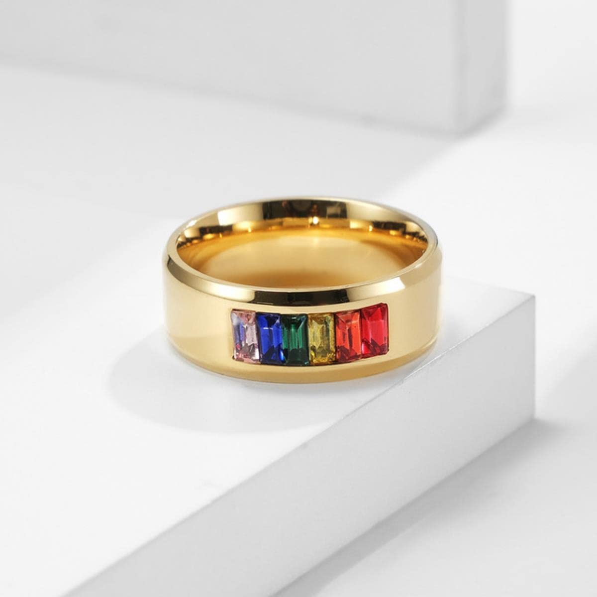 Yahoya Women's Gold Rainbow Ring Lesbian Gay Pride Ring Stainless Steel Men Promise Jewelry Gifts Fashion Jewelry Anillo De La Joyeria