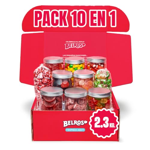 BELROS Mega Pack 2,3 kg de Caramelos y Gominolas. Regalos, Celebraciones, Cumpleaños, San Valentin, Especial Parejas. Golosinas en botes. Cesta de dulces y golosinas. Caja Regalo