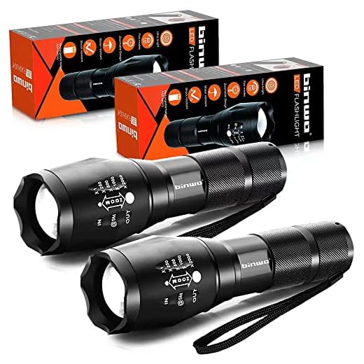 LED Tactical Flashlight, BINWO Super Bright High Lumen XML T6 LED Flashlights Portable Outdoor Water Resistant Torch Light Zoomable Flashlight with 5 Light Modes, 2 Pack