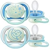 Philips Avent SCF376/21 - Pack de 2 chupetes Ultra Air Nocturno que brilla en la oscuridad, tetina suave para 6-18 m, apta para la piel sensible, con estuche de esterilización, color azul