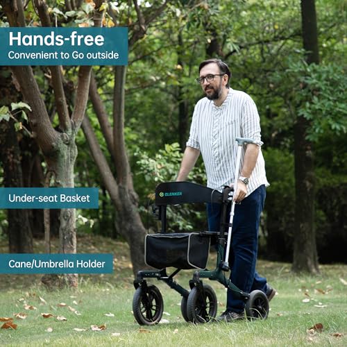 Image of ELENKER All-Terrain Rollator Walker with Non-Pneumatic Tire 12 inch Front Wheels, Compact Folding Design for Seniors, Green