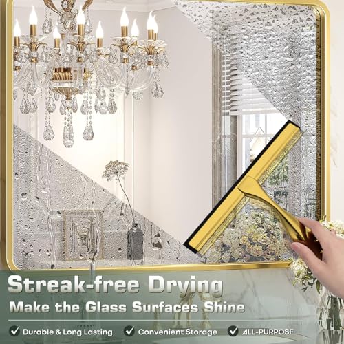 Image of Stainless Steel Shower Squeegee for Glass Door with 3 Adhesive Hook, Glass Cleaning Squeegee for Bathroom & Household Window, Mirrors, Tiles and Car, Clear 10 Inches Golden