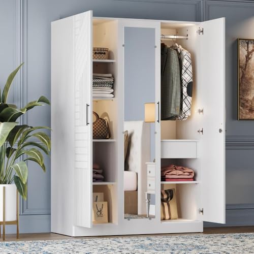 Image of Wakefit Wardrobe for Bedroom | 3 Yr Warranty | Cupboard for Bedroom, Almirah, Wooden Wardrobe, Multi-Shelves Storage with Drawer, Mirror & Hanger, Density:680-750 kg /m, Free Installation(Tyrian- FW)