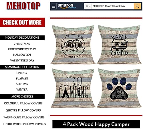Mehotop Pack Of 4 Throw Pillow Covers Rustic Wood Background Happy Camper Rv Travel Car Outdoor Decorative Cushion Cover With Camping Quote Words Cotton Linen 16X16 Inch Square Pillowcases Decorations #TOP6