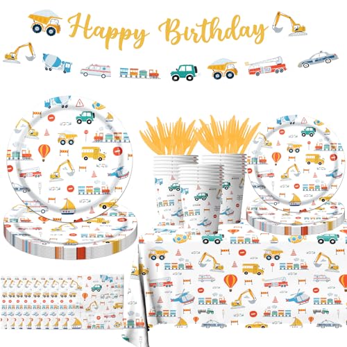 Transportation Birthday Party Supplies 142Pcs Transportation Paper Plates and Napkins Set for Table Decorations Truck Theme Party Decorations for Boy Birthday Baby Shower Party