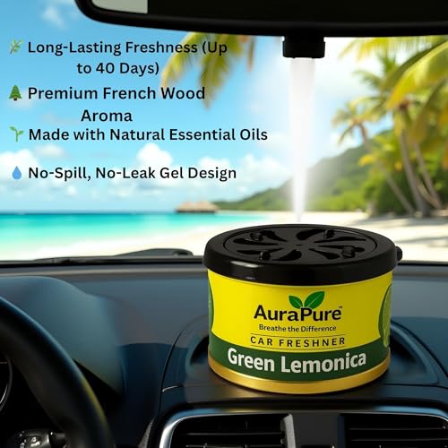 Image of Green Lemonica Car Perfume | Strong Gel Air Freshener for Car Dashboard & Interior | Long-Lasting Organic Fragrance | Odor Eliminator for Smoke, Food, Pets | 100g | Travel Friendly