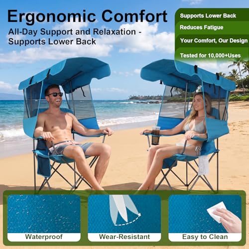 Image of Romswi Large Folding Canopy Camping Chairs for Adult 2 Pack, Portable Outdoor Chairs with Sunshade,Cup Holder & Side Pocket for Camping, Fishing, Beach, Backyard, Sea Blue