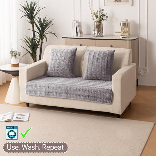 Image of HOKIPO 'Plush Haven' Premium Anti-Slip Sofa Cover Mat for 2 Seater Sofa | Soft Fluffy Plush Fabric, Light Grey (AR-5033-LGRY*1)