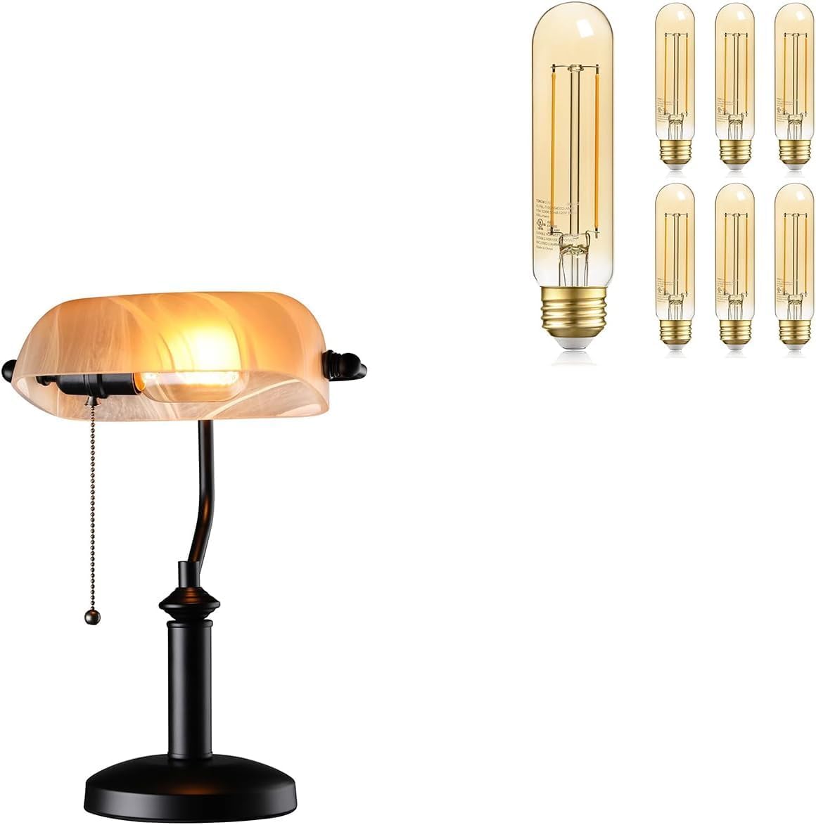 TORCHSTAR Desk Lamp Bundle T10 Bulb, 1 Pack Pale Yellow Glass Bankers Desk Lamp, UL Listed,E26 Base and 6 Pack Tubular LED Light Bulbs, 400lm, CRI90, Amber Glass, 2200K